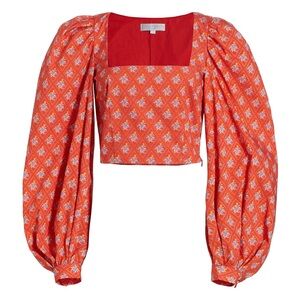 Caroline Constas Red and White Patterned Crop Top